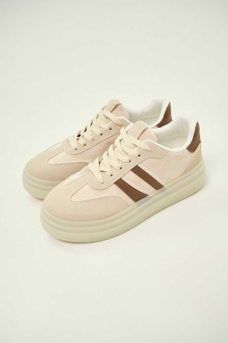 Beige Suede Platform Sneakers with Brown Details