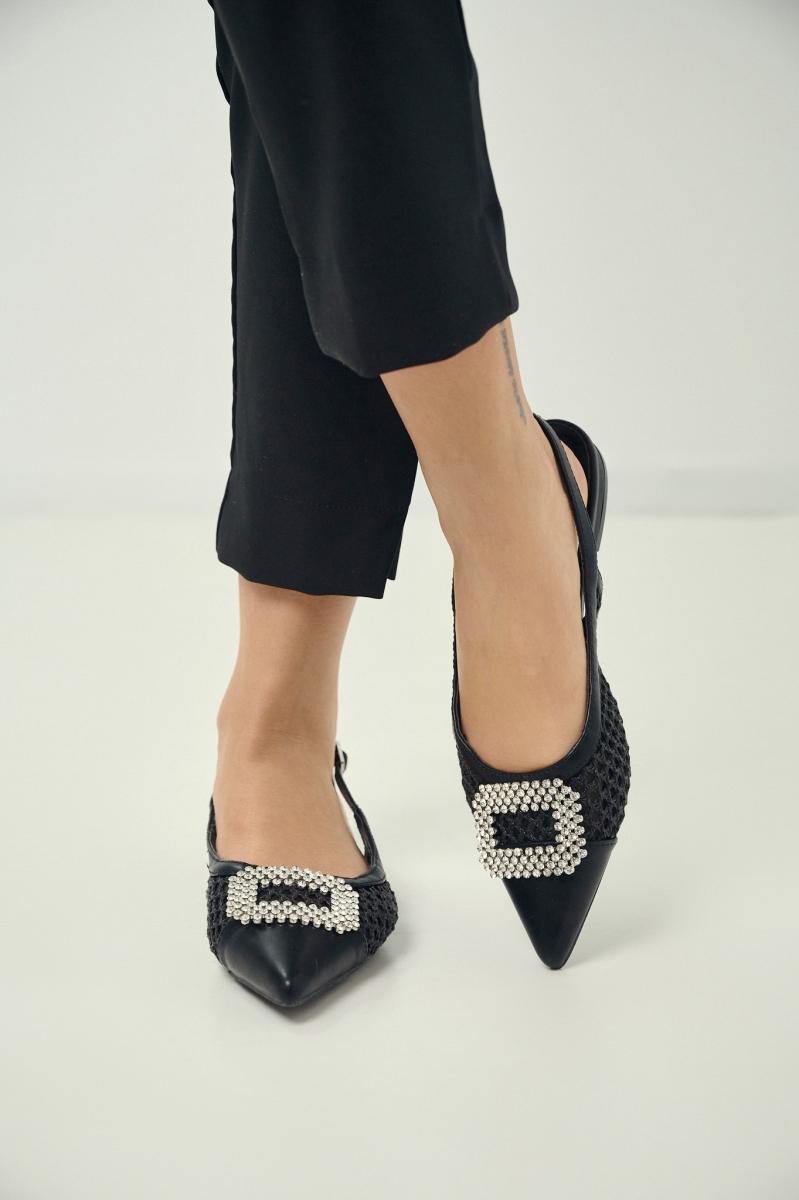 Pointed Slingback Flats with Strass Buckle
