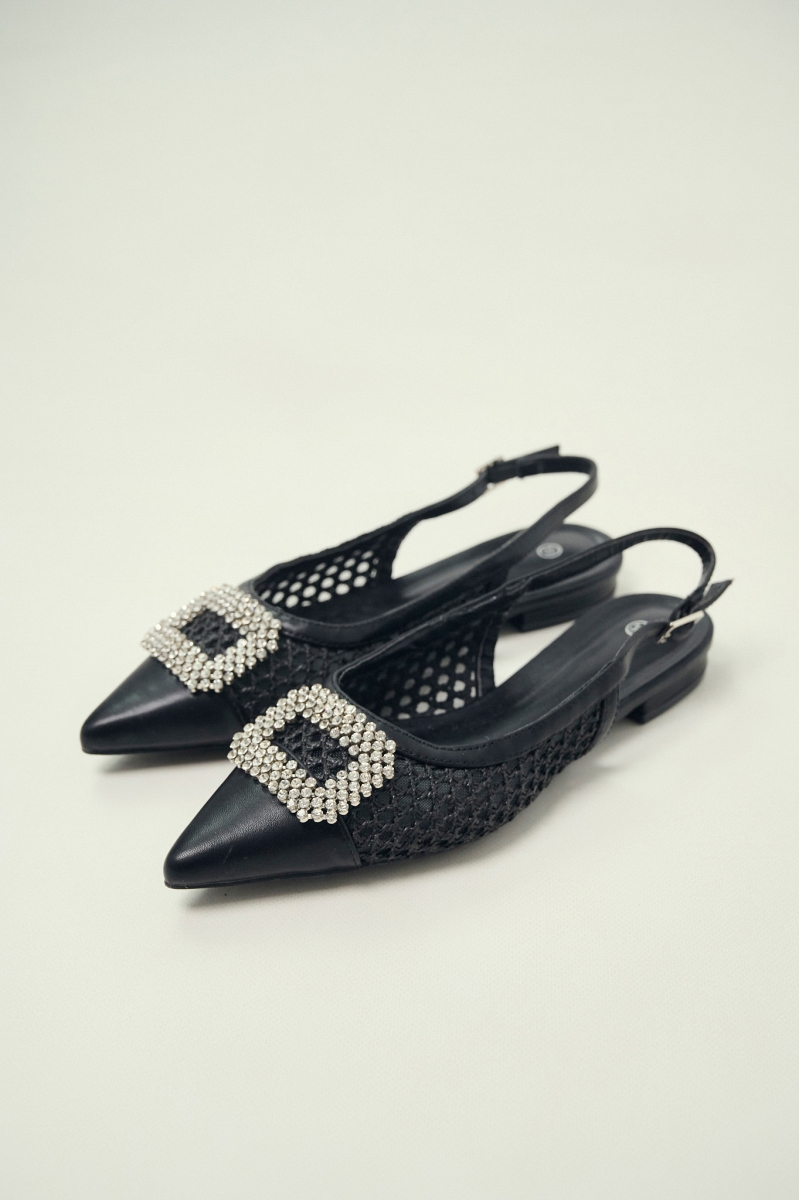 Pointed Slingback Flats with Strass Buckle