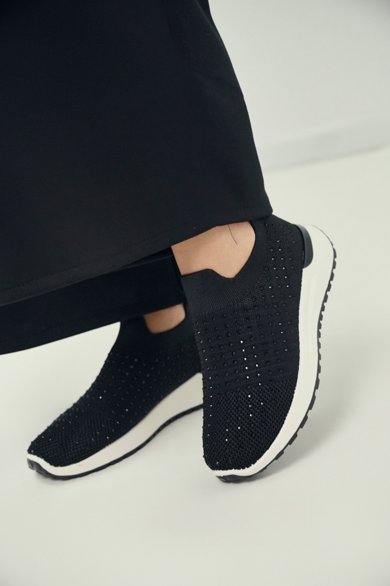 Black Knit Slip-On Sneakers with Strass