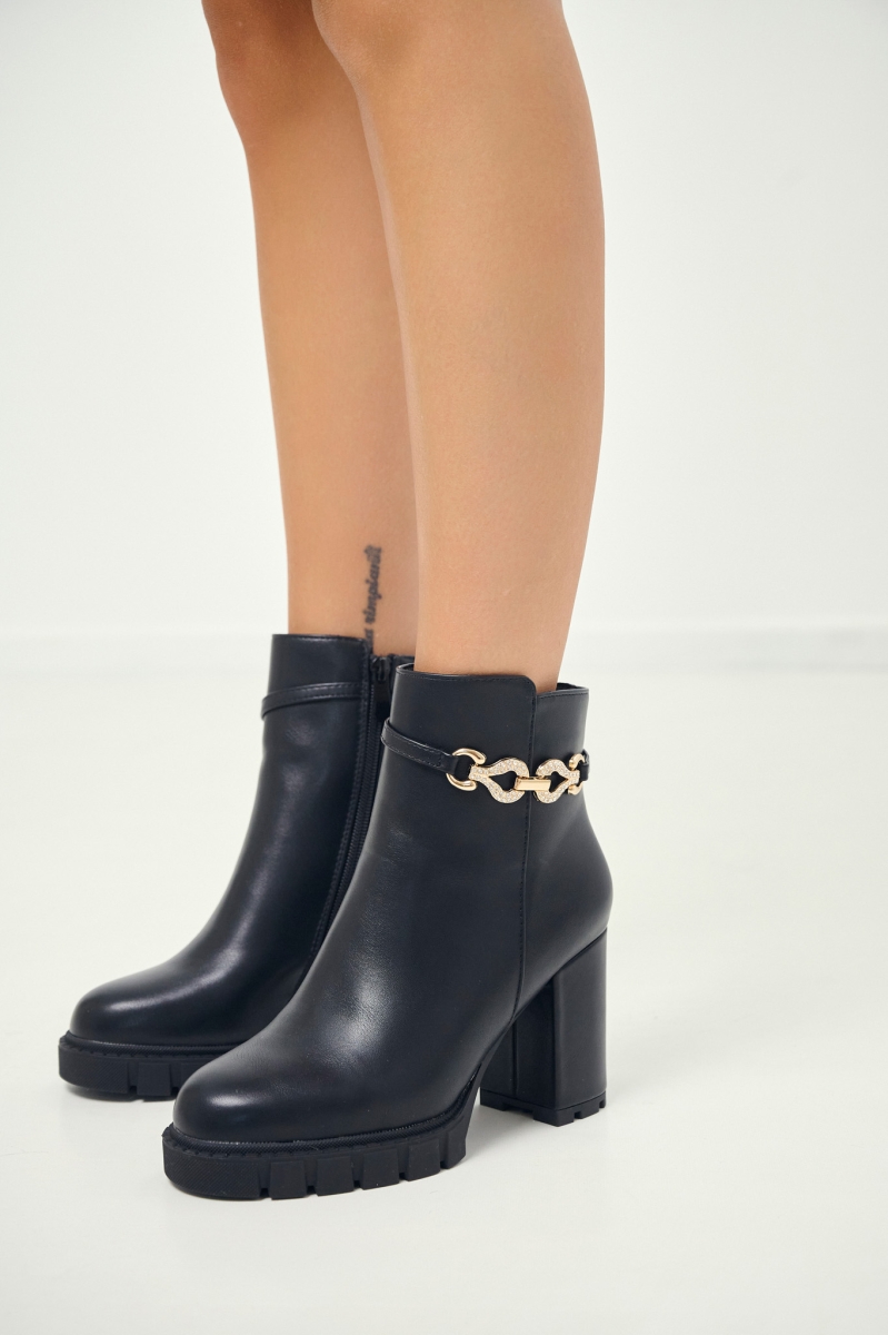Ankle Boots with Gold Buckle & Block Heel