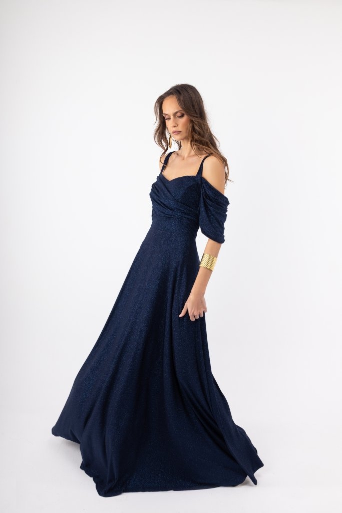 Φόρεμα OPEN Maxi Με Glitter & Off Shoulder Μανίκια