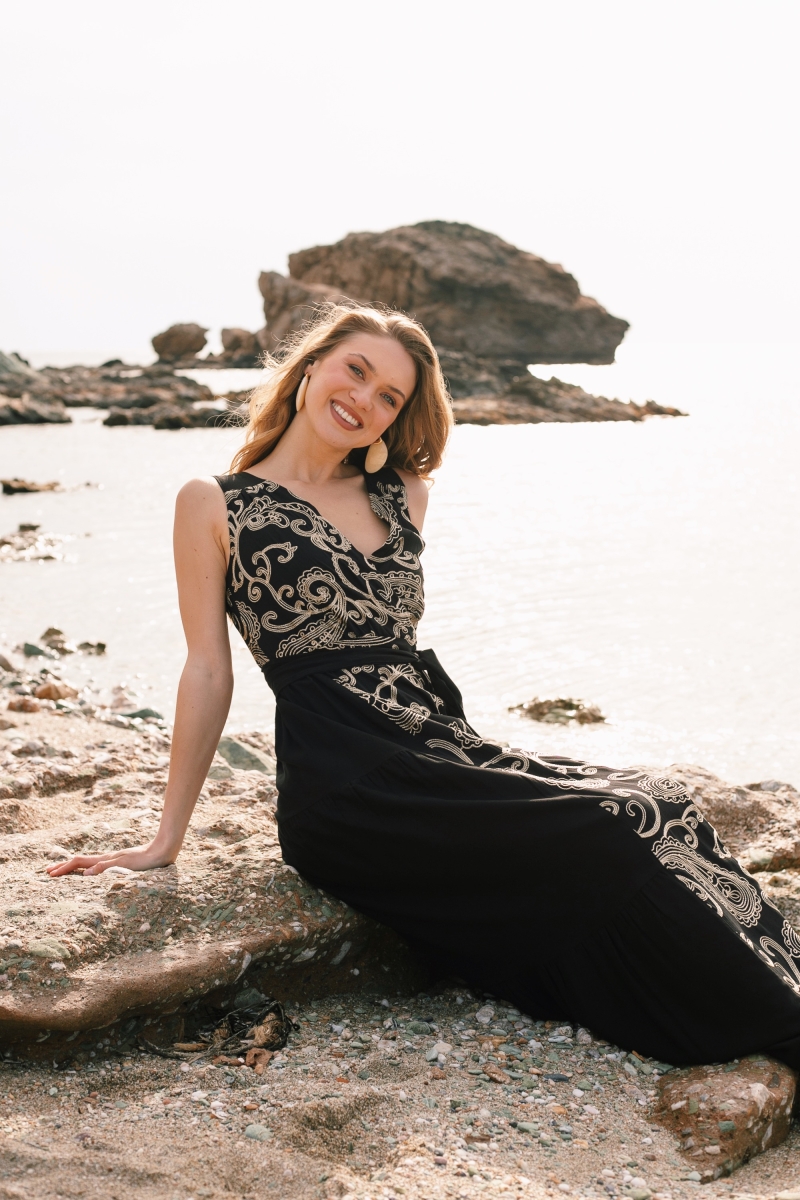 Φόρεμα OPEN Maxi Boho Με Print & Ζώνη