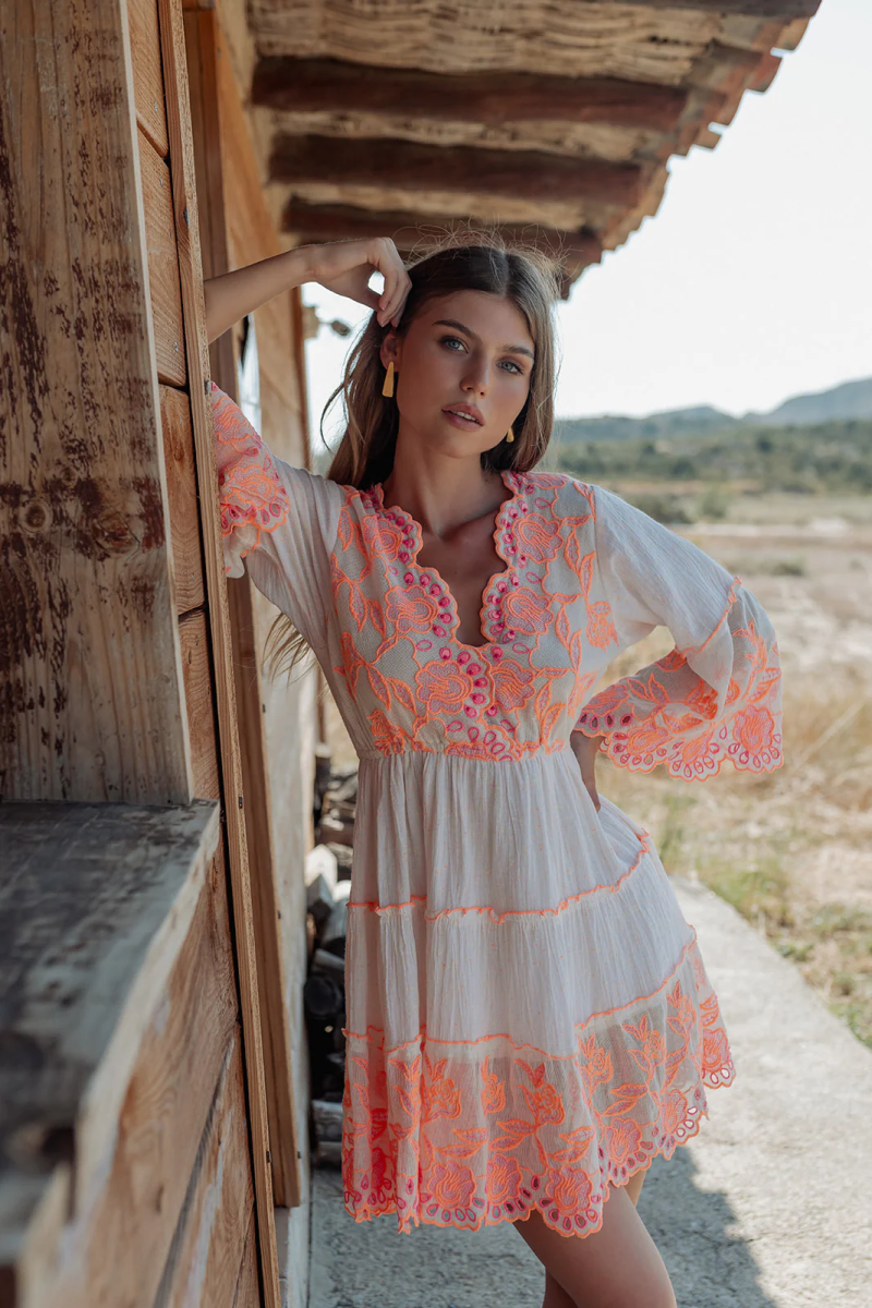 PITI CUITI White Mini Dress With Coral Embroidery