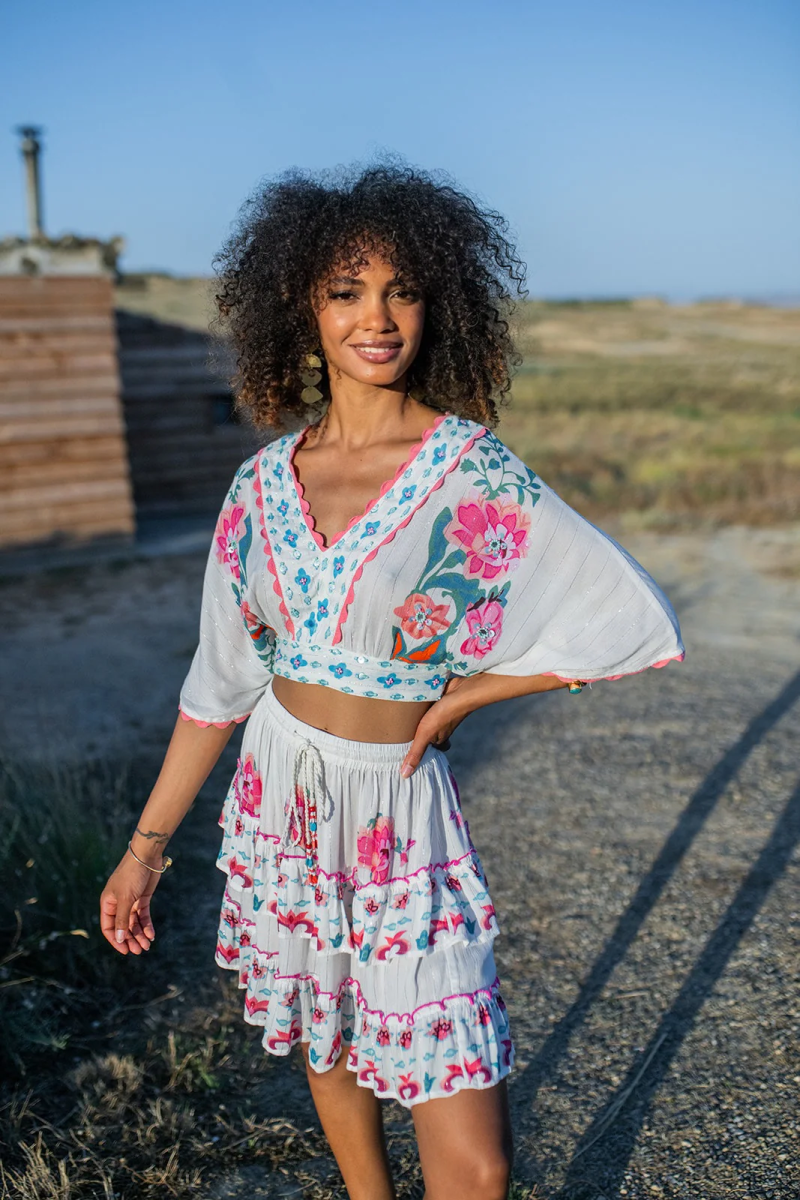 PITI CUITI Floral Kimono Sleeve Crop Top