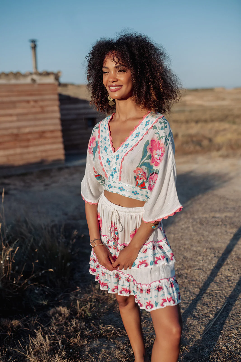 PITI CUITI Floral Kimono Sleeve Crop Top