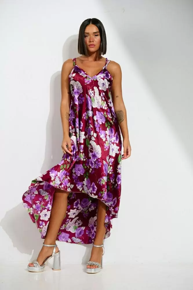 Shirred Waist Puff Sleeve Floral Satin Dress | SHEIN IN