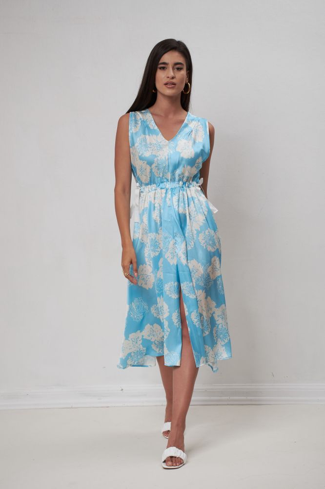 Φόρεμα Φλοράλ Μίντι Με Άνοιγμα Και Φιογκάκια GR-GA17-3368-SIEL