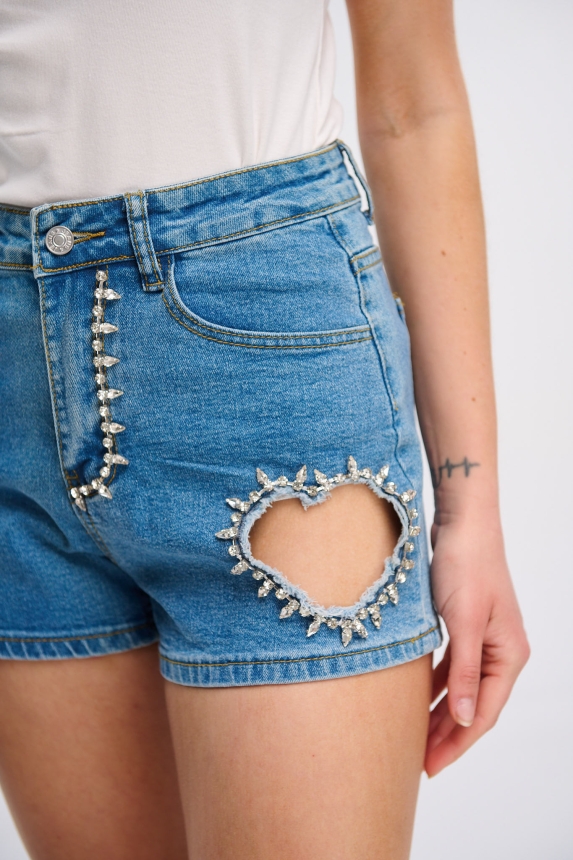 Denim Shorts With Heart And Rhinestones