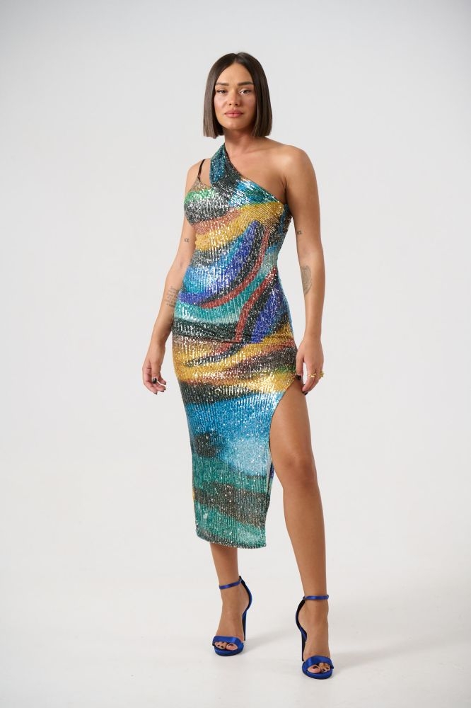 Printed Spangly One-Shoulder Dress For Clubbing
