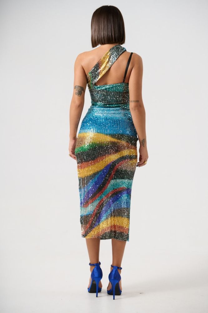Printed Spangly One-Shoulder Dress For Clubbing