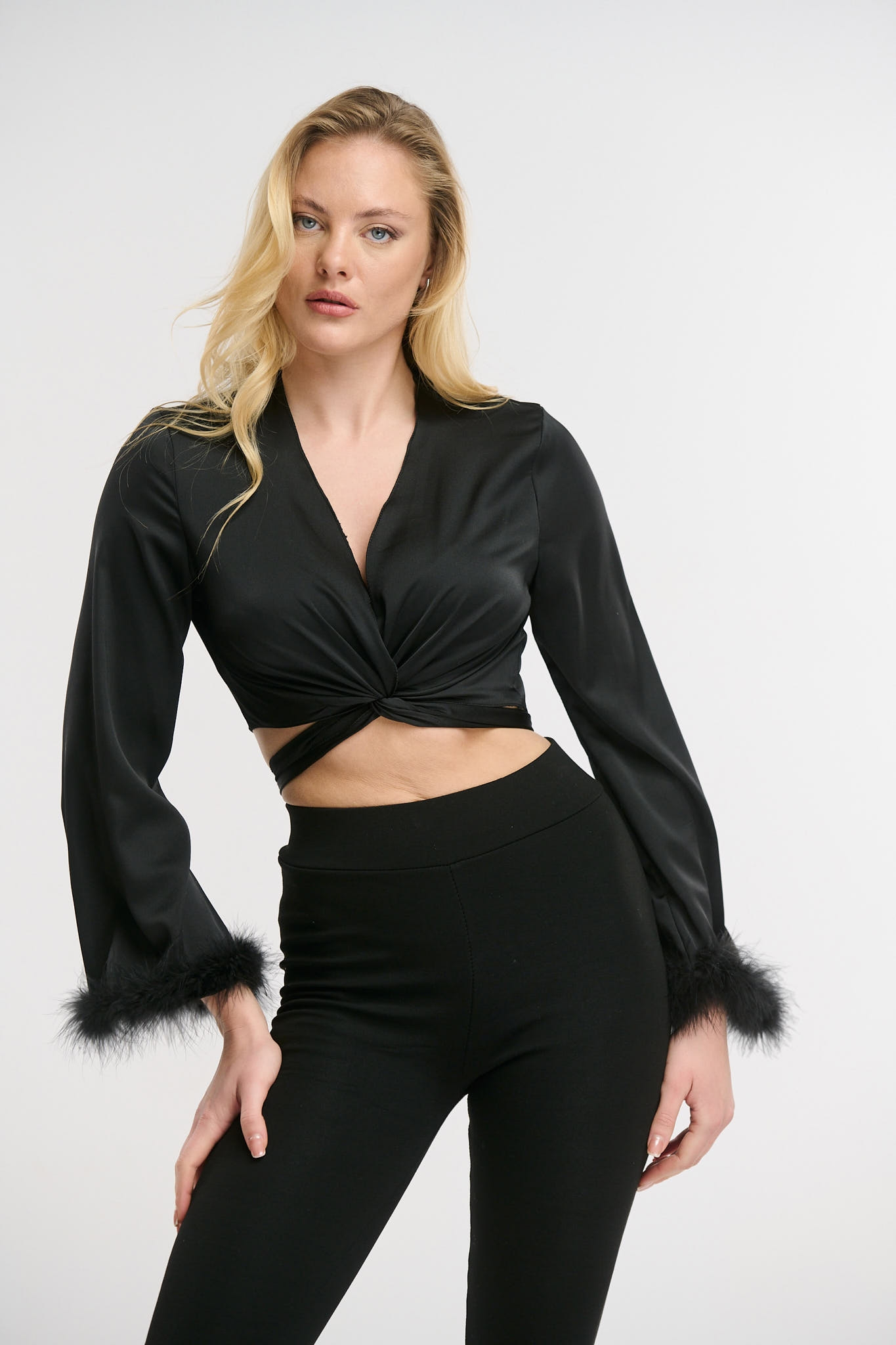 Satin Wrap Top With Feathers On The Sleeves