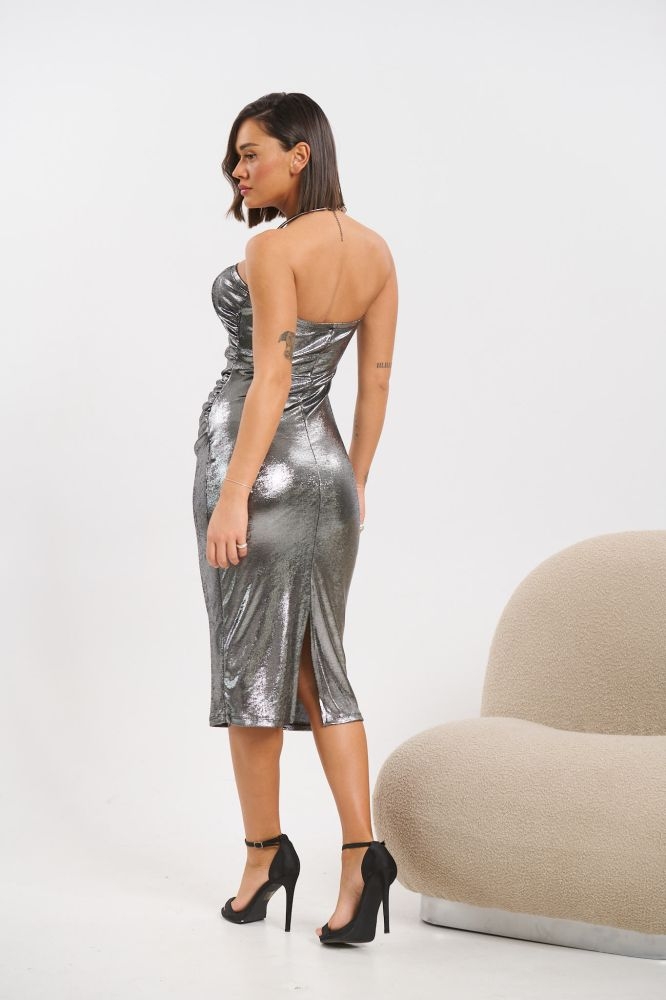 Φόρεμα Midi Στράπλες Metallic Για Club