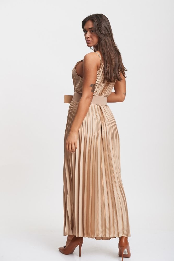 Pleated Maxi Dress With Gold Belt 