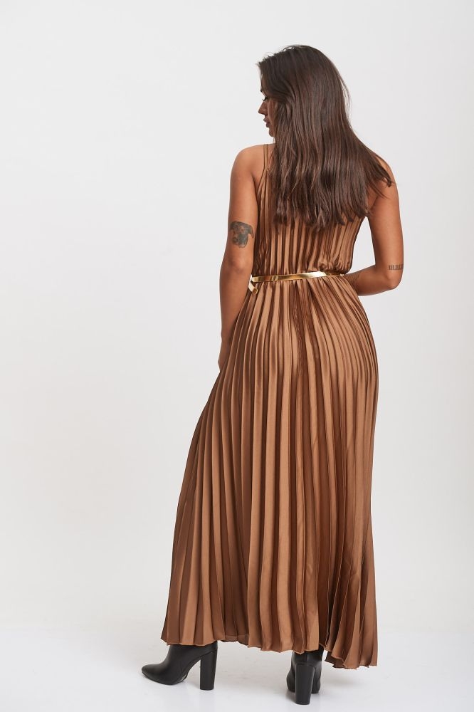 Φόρεμα Maxi Πλισέ Με Χρυσή Ζώνη 