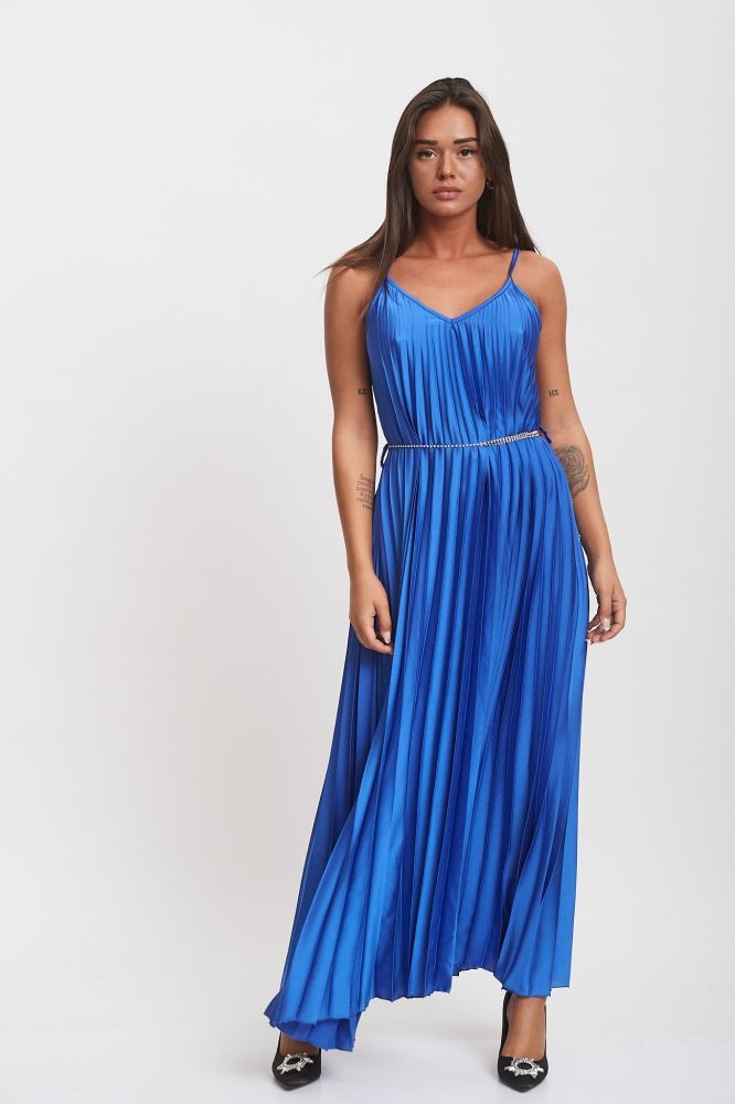 Pleated Maxi Dress With Gold Belt 