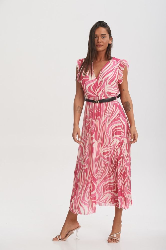 Pleated Printed Dress With Ruffled Shoulders