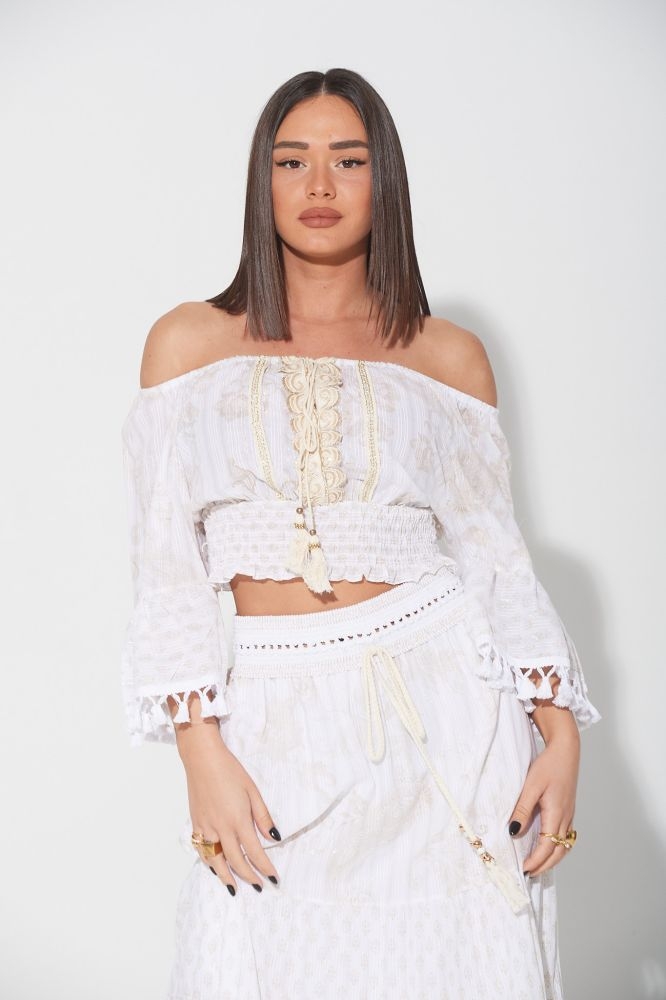 Off The Shoulder Blouse With Tassels