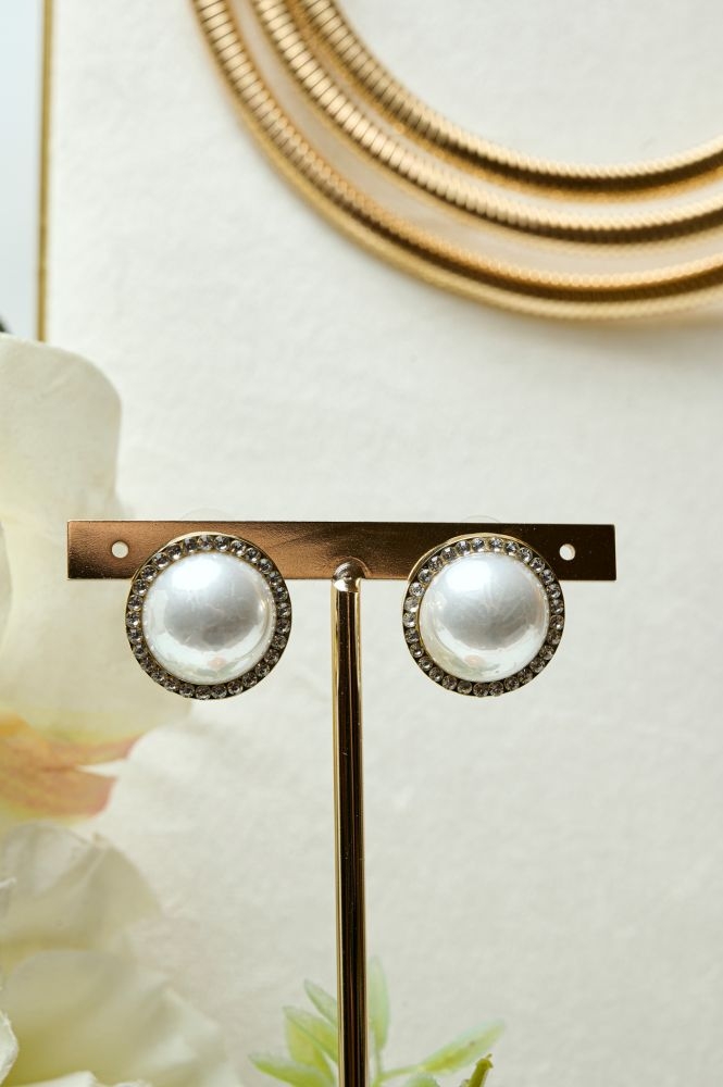 Round Pearl Earrings With Rhinestones