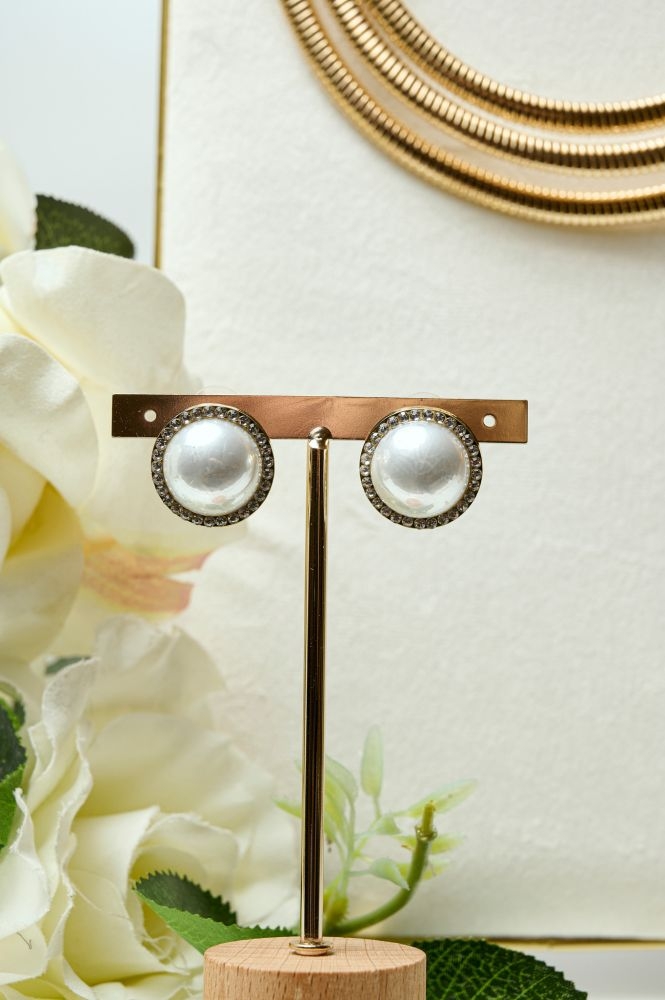 Round Pearl Earrings With Rhinestones
