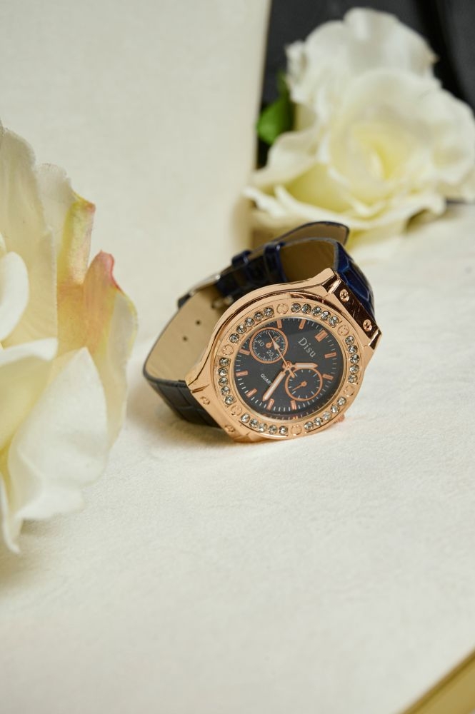 Golden Watch With Leatherette Strap And Rhinestones