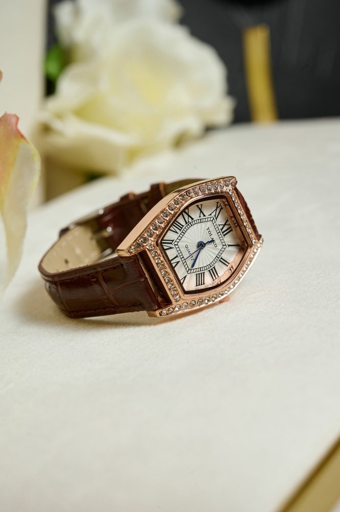 Watch With Leatherette Strap With Rhinestones