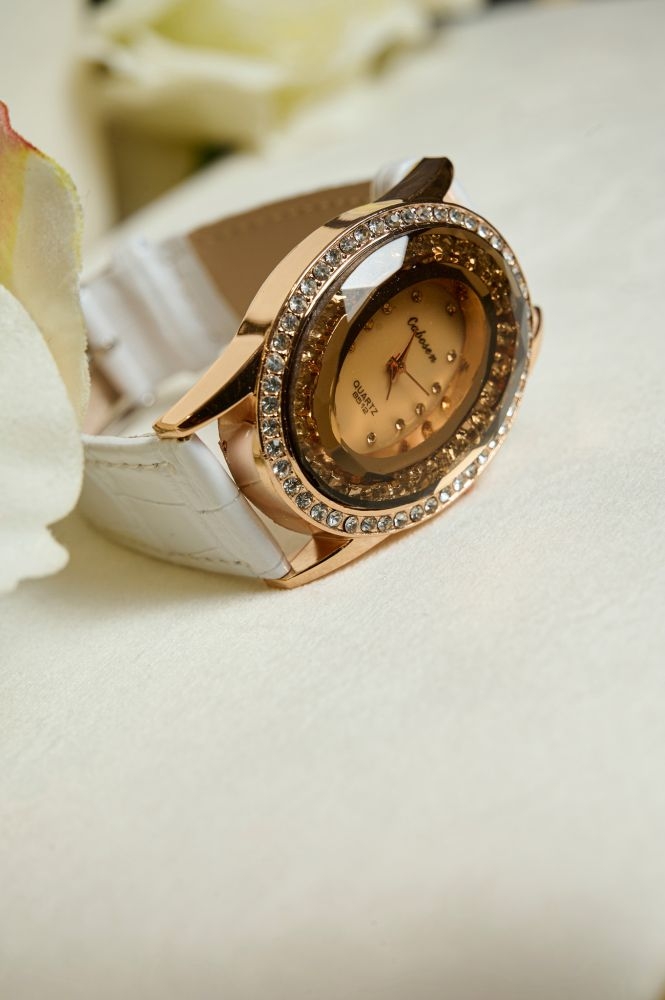 Rounded Shaped Watch With Leatherette Strap And Rhinestones
