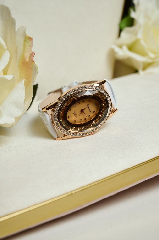 Rounded Shaped Watch With Leatherette Strap And Rhinestones