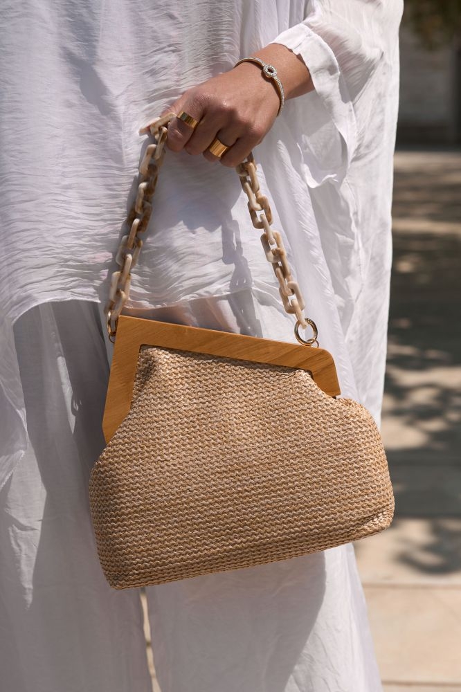 Straw Bag With Wooden Handle