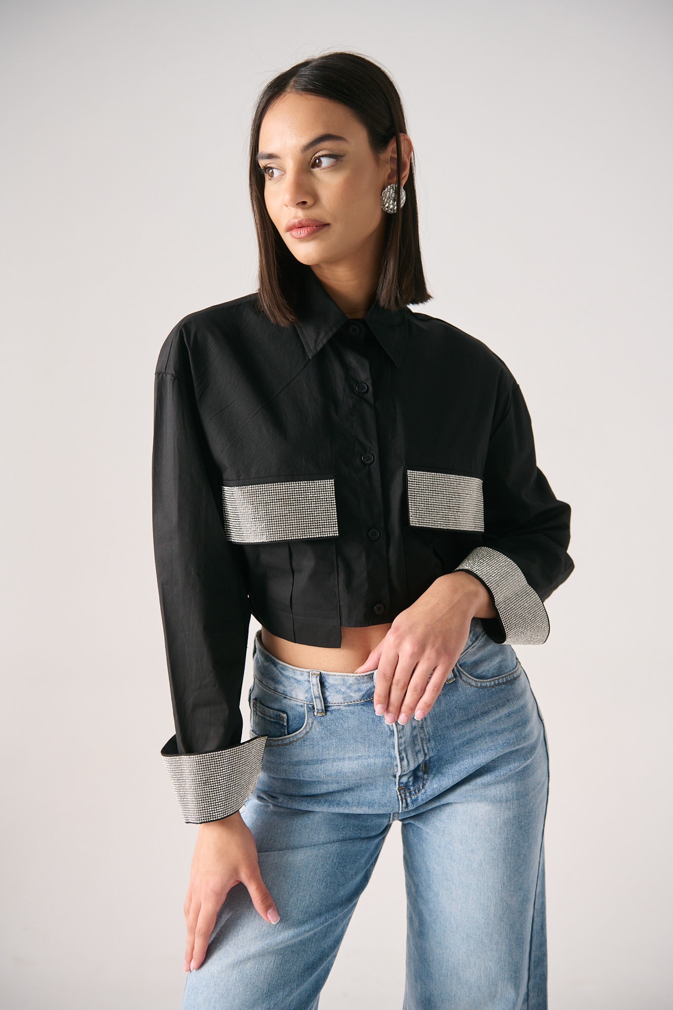 Crop Shirt With Rhinestones On The Pockets
