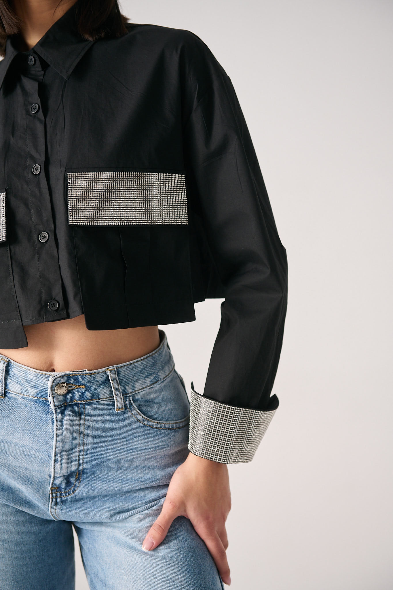 Crop Shirt With Rhinestones On The Pockets