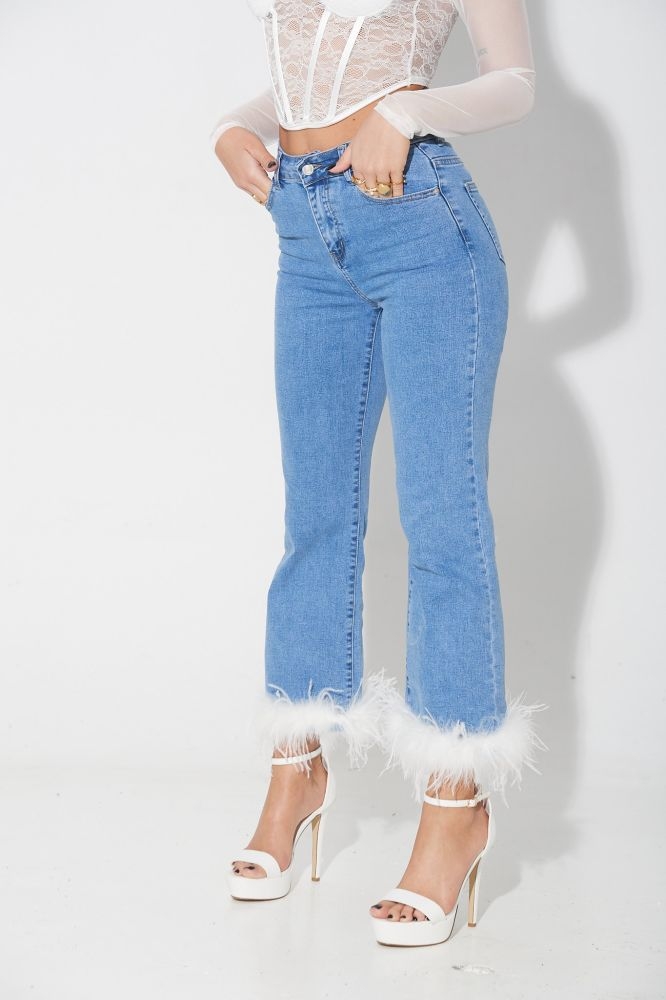 Denim Pants With Feathers