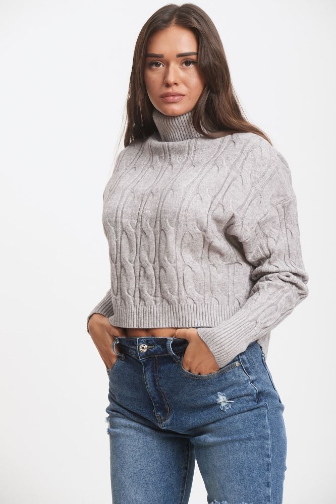 High Neck Cable Knit Crop Sweater
