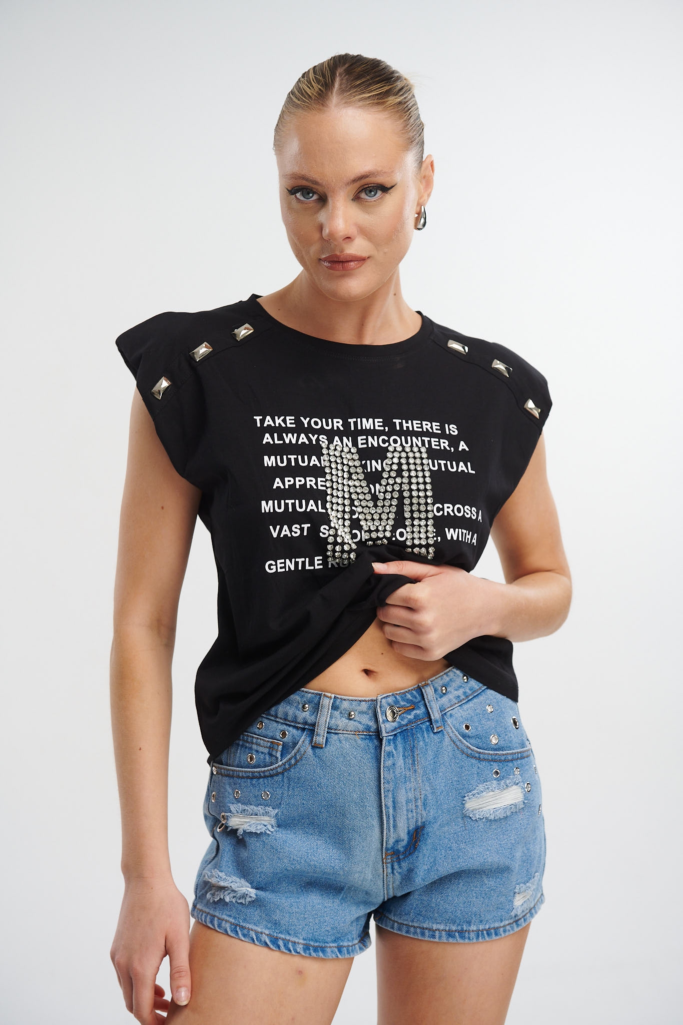 Sleeveless Blouse With Shoulder Pads And Rhinestones