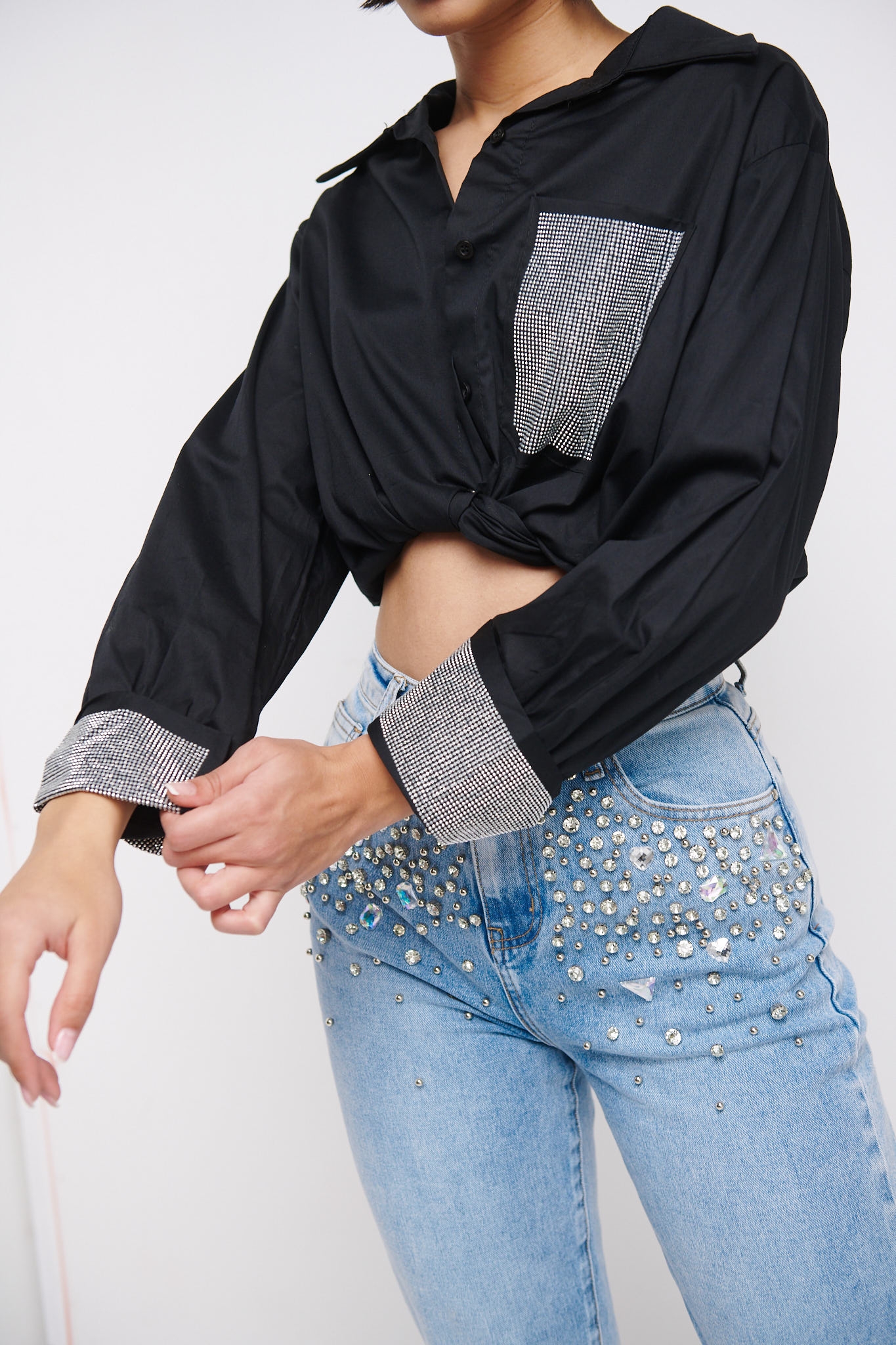 Shirt With Rhinestones On The Pocket And Sleeves