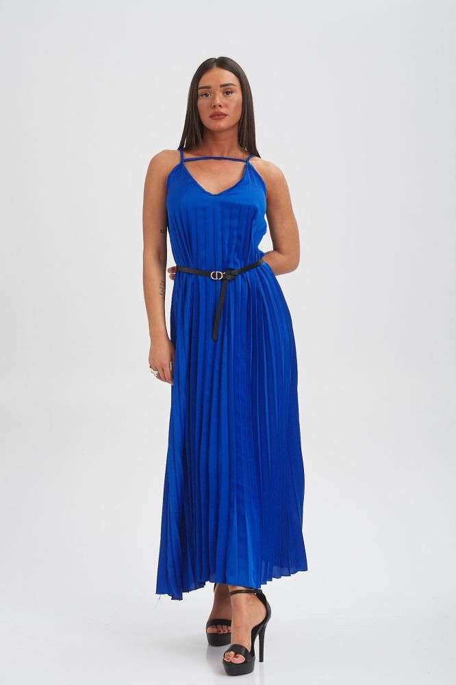 Satin Pleated Dress With Belt