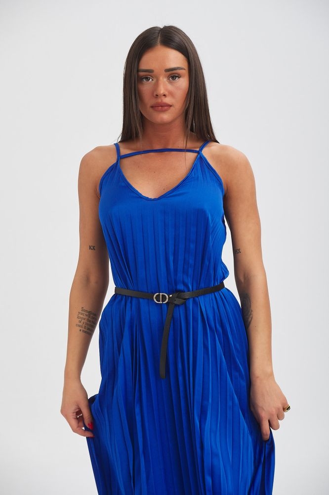 Satin Pleated Dress With Belt