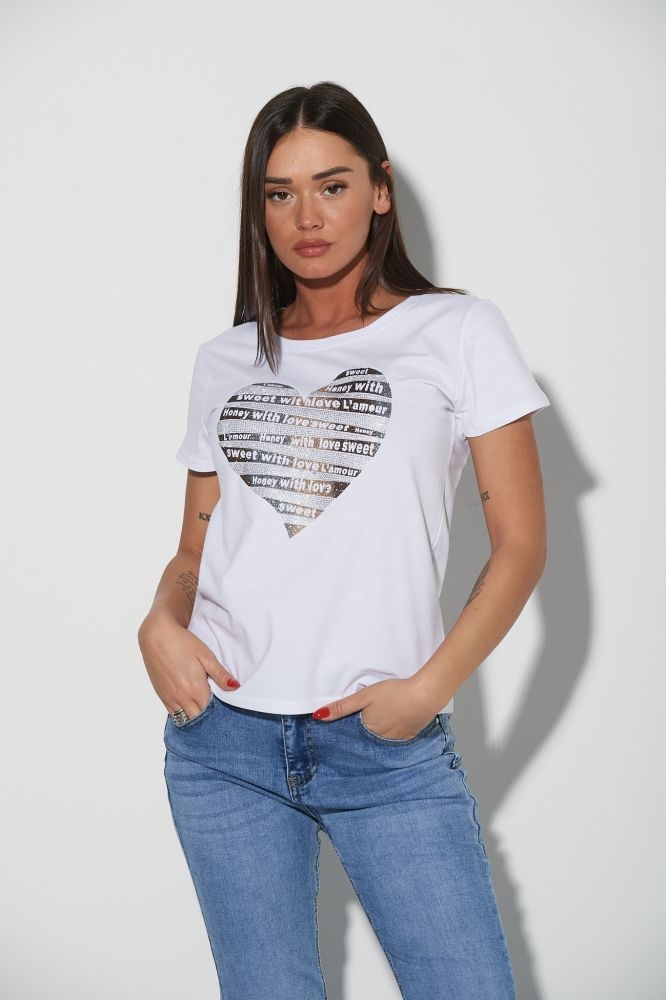T-Shirt Heart Print With Rhinestones