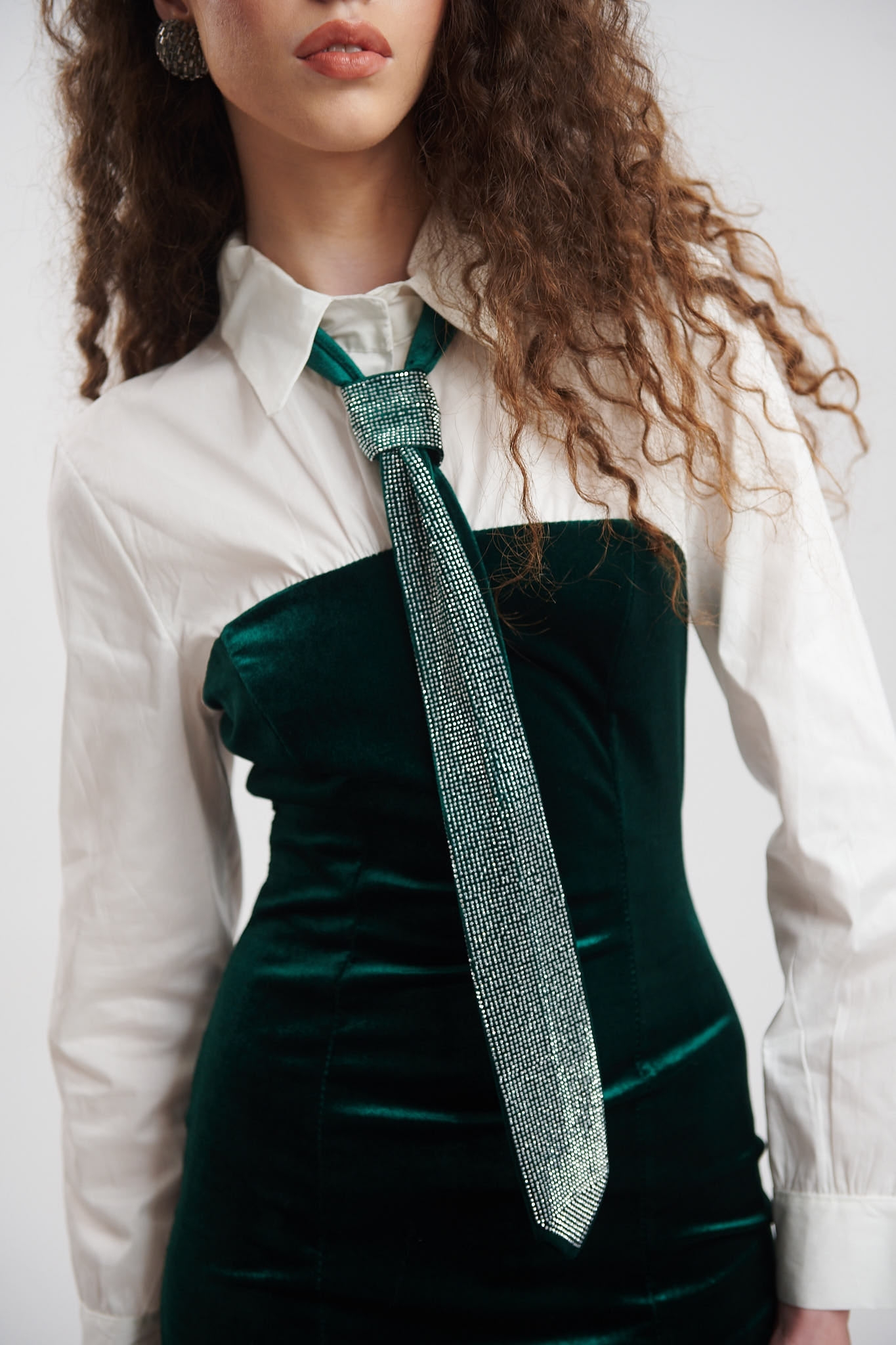 Velour Dress With Shiny Necktie