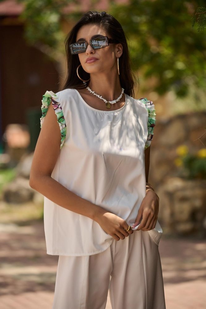Sleeveless Blouse With Pleated Floral Shoulders