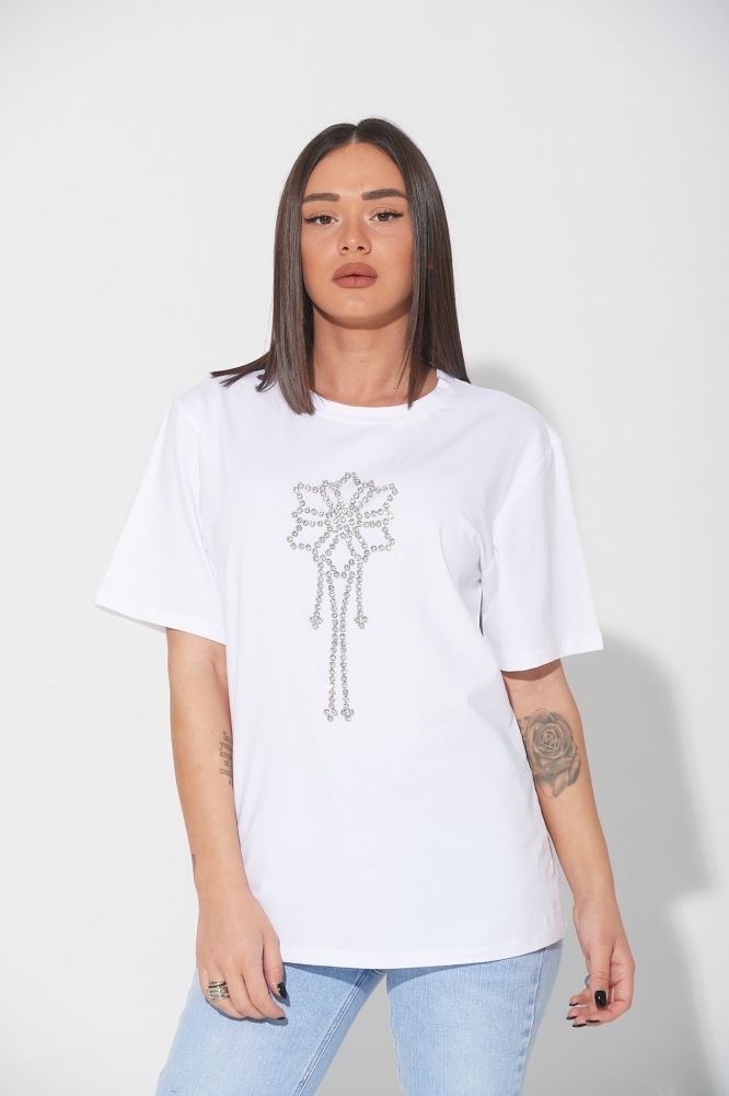 T-Shirt With Flower Print And Rhinestones