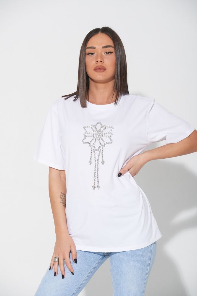 T-Shirt With Flower Print And Rhinestones