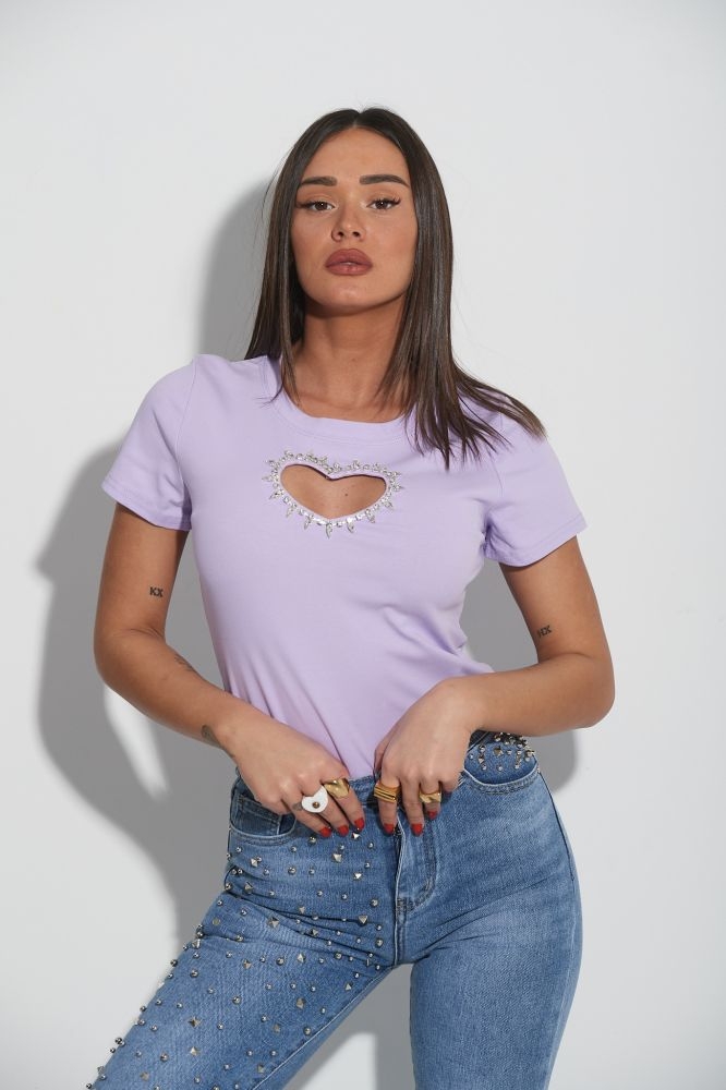 T-Shirt With Hole Heart And Rhinestones