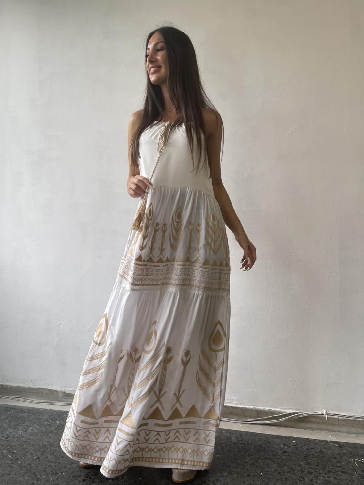Maxi Dress With Golden Flower Embroidery BLE