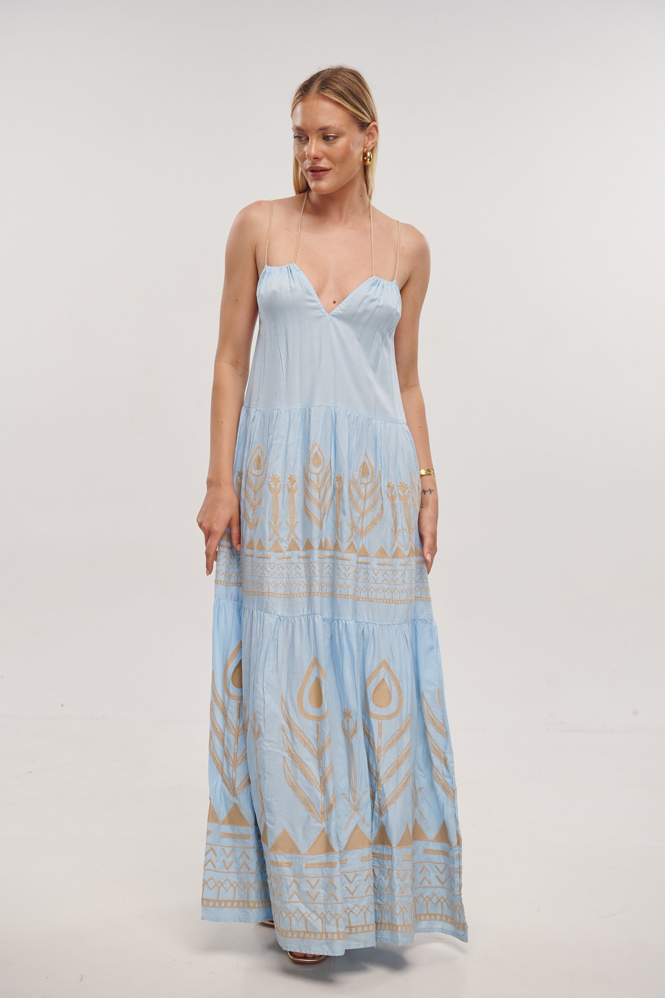 Maxi Dress With Golden Flower Embroidery BLE
