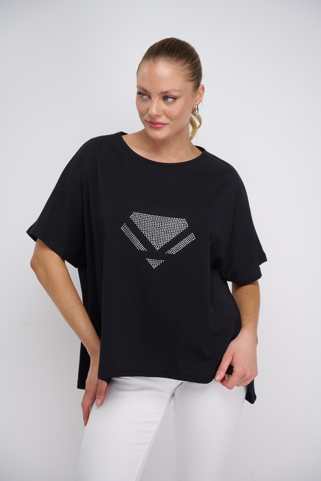 T-Shirt With Diamond Print And Rhinestones