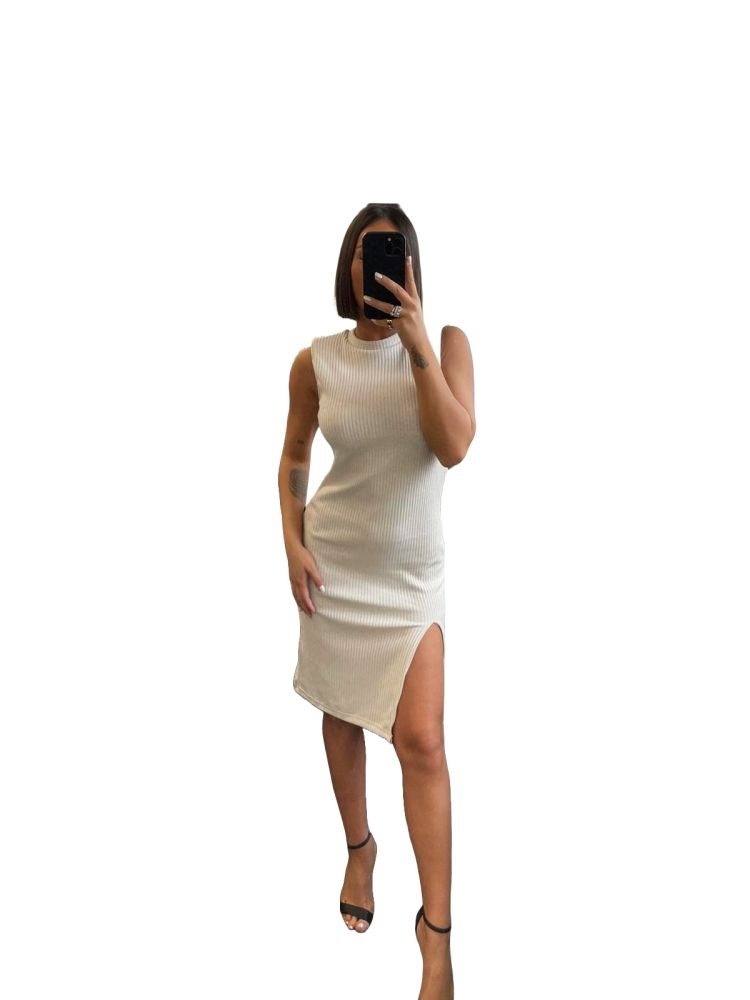 Midi Sleeveless Ripped Dress With Shoulder Pads And Tearing