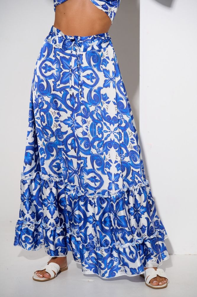 Satin Paisley Printed Maxi Skirt With Ruffles