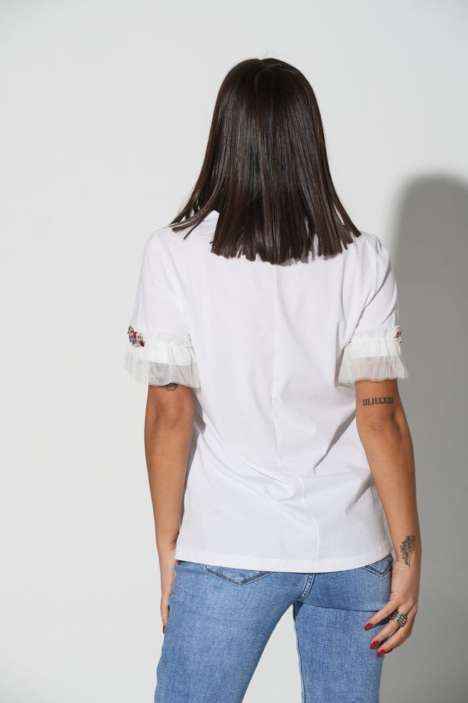 T-Shirt With Stones And Tulle In The Sleeves