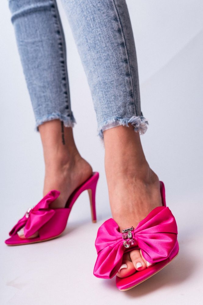 Satin Mules With Bow And Rhinestones